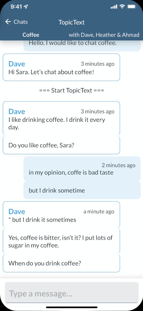 Screenshot of chat messages in English