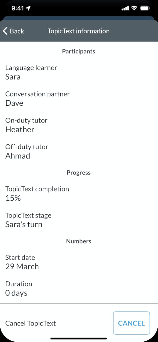 Screenshot of a drawer showing progress information for a communication activity